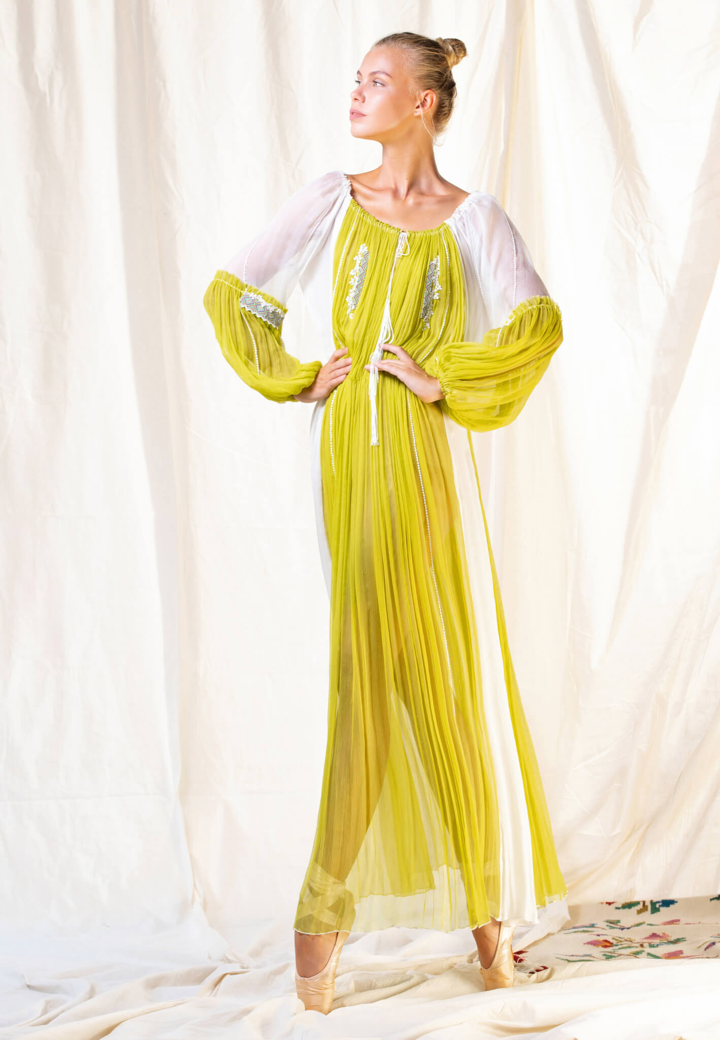 Yellow Silk dress with embroidery