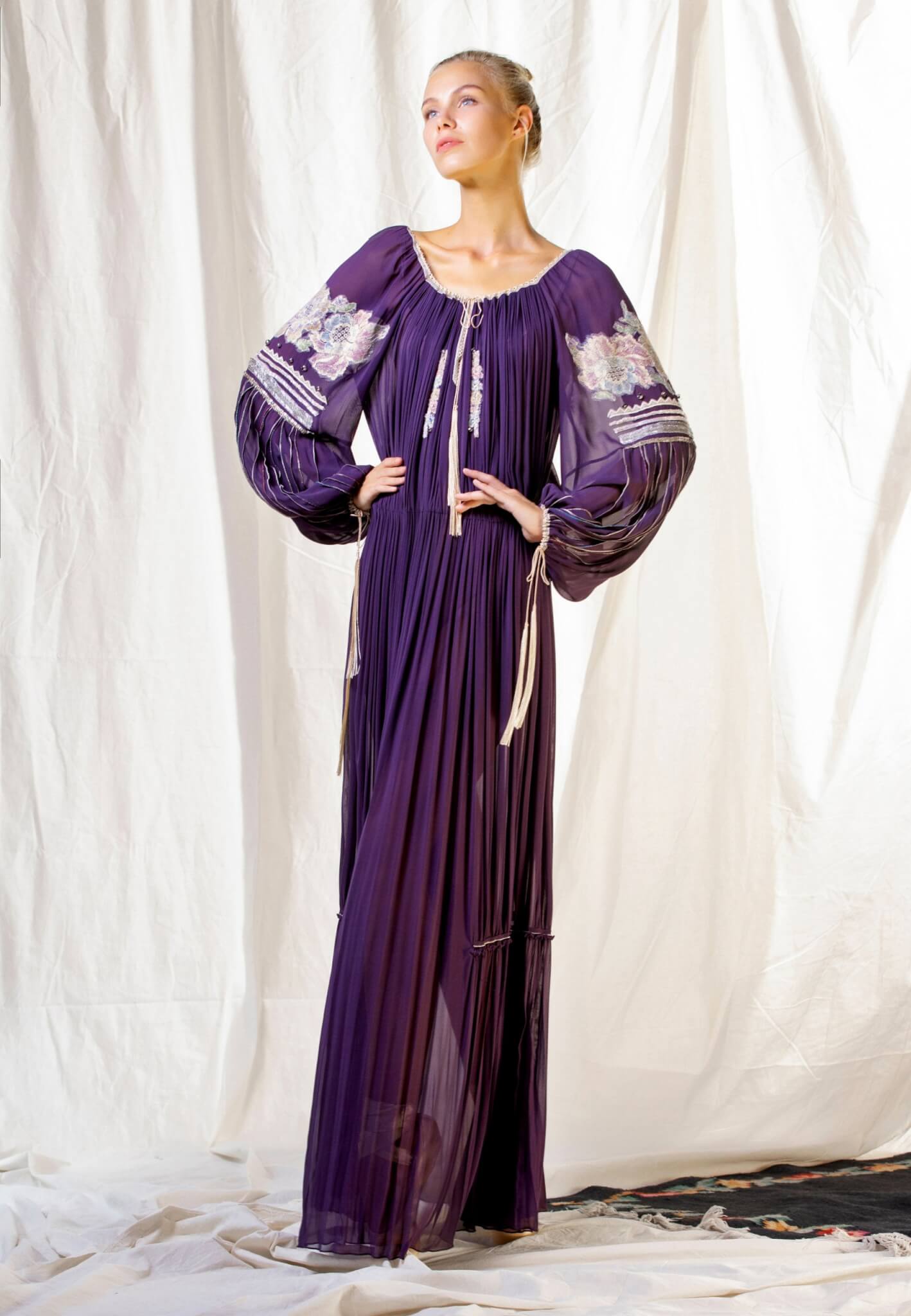 Purple silk dress with embroidery