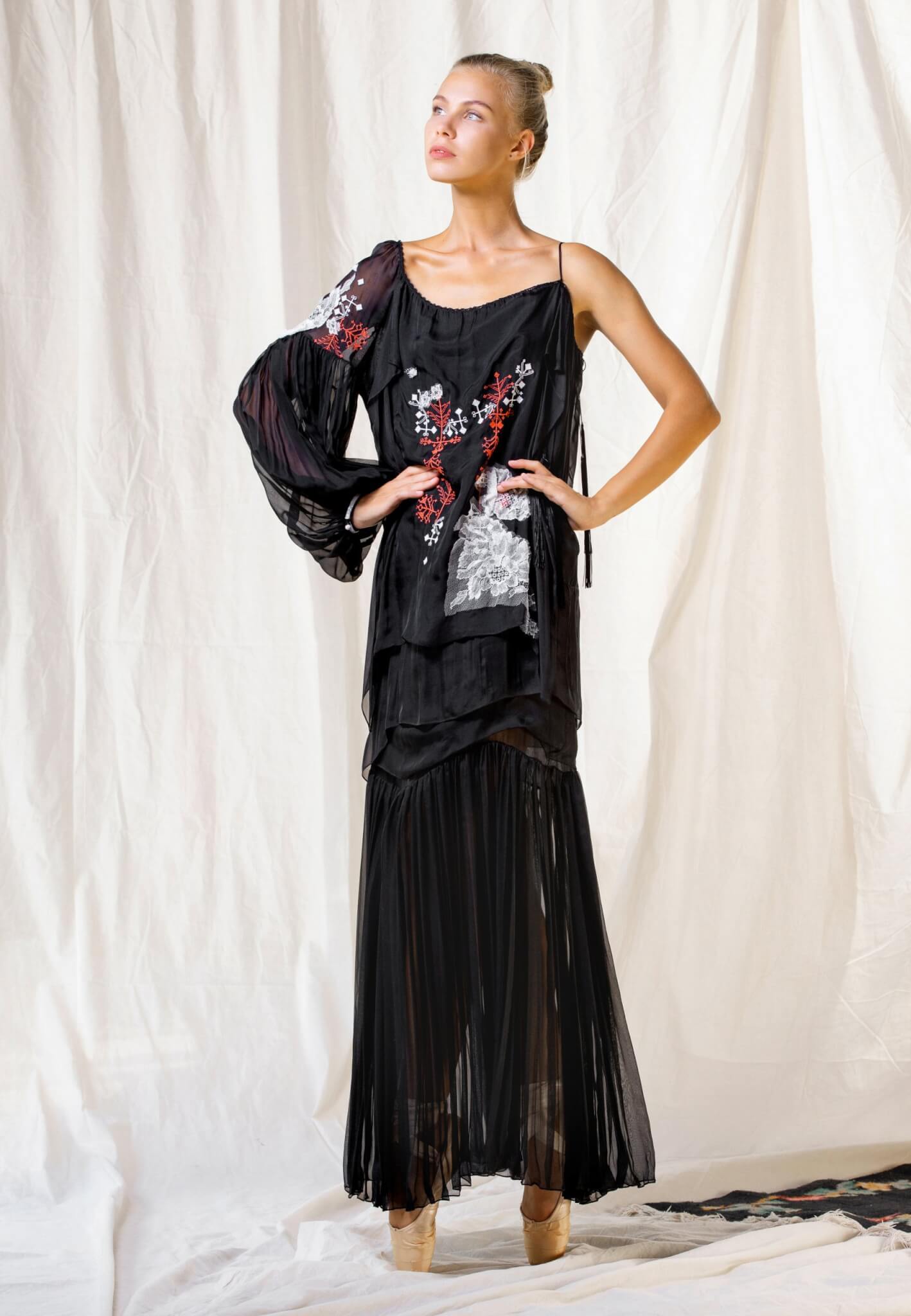 Black silk dress with embroidery
