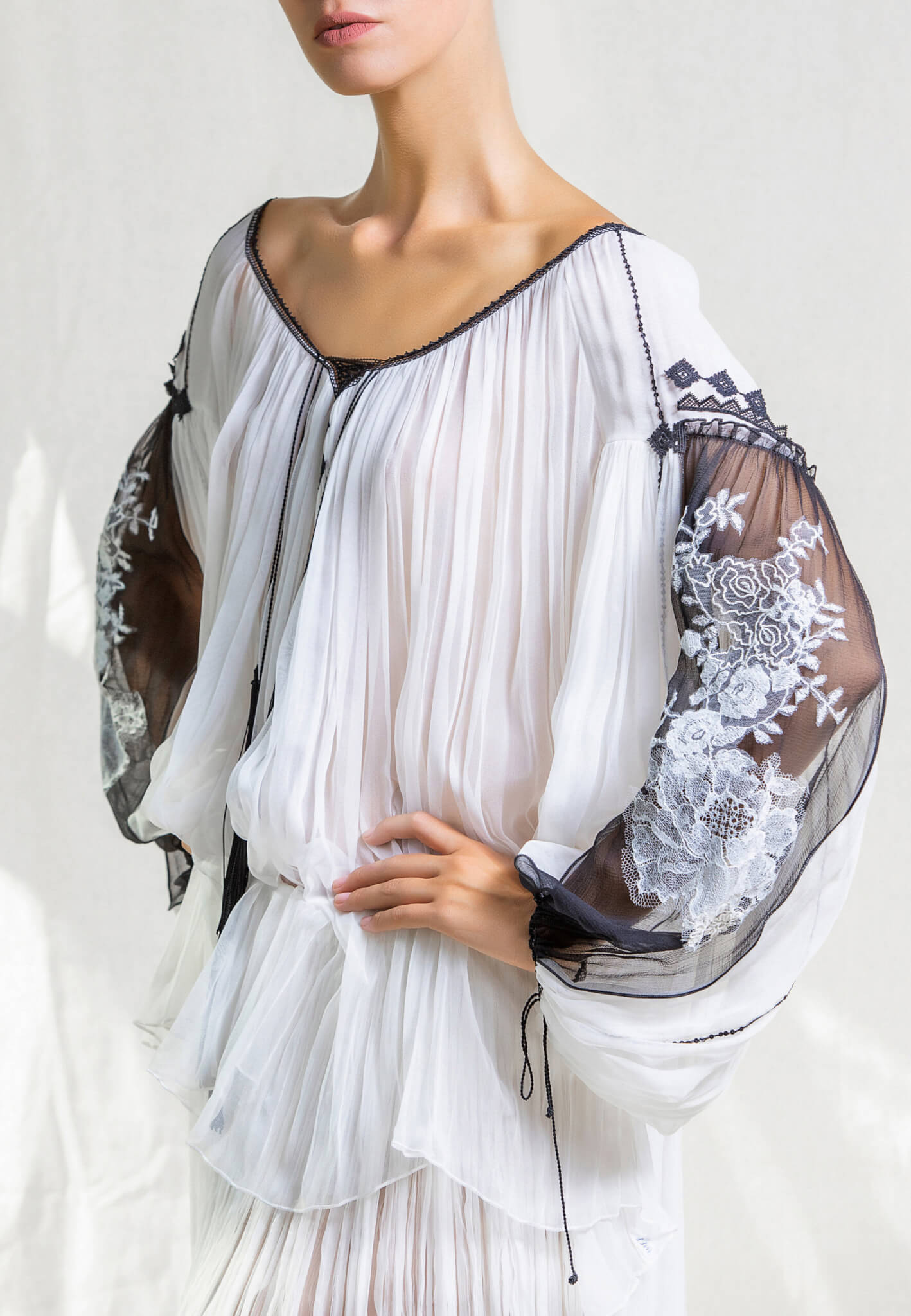 Silk blouse with lace and embroidery