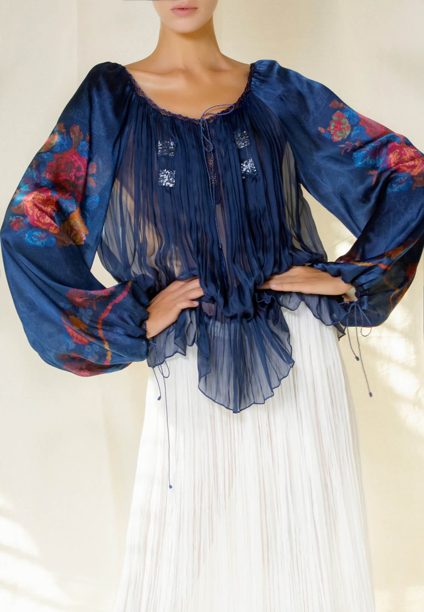 Silk blouse with print and beads