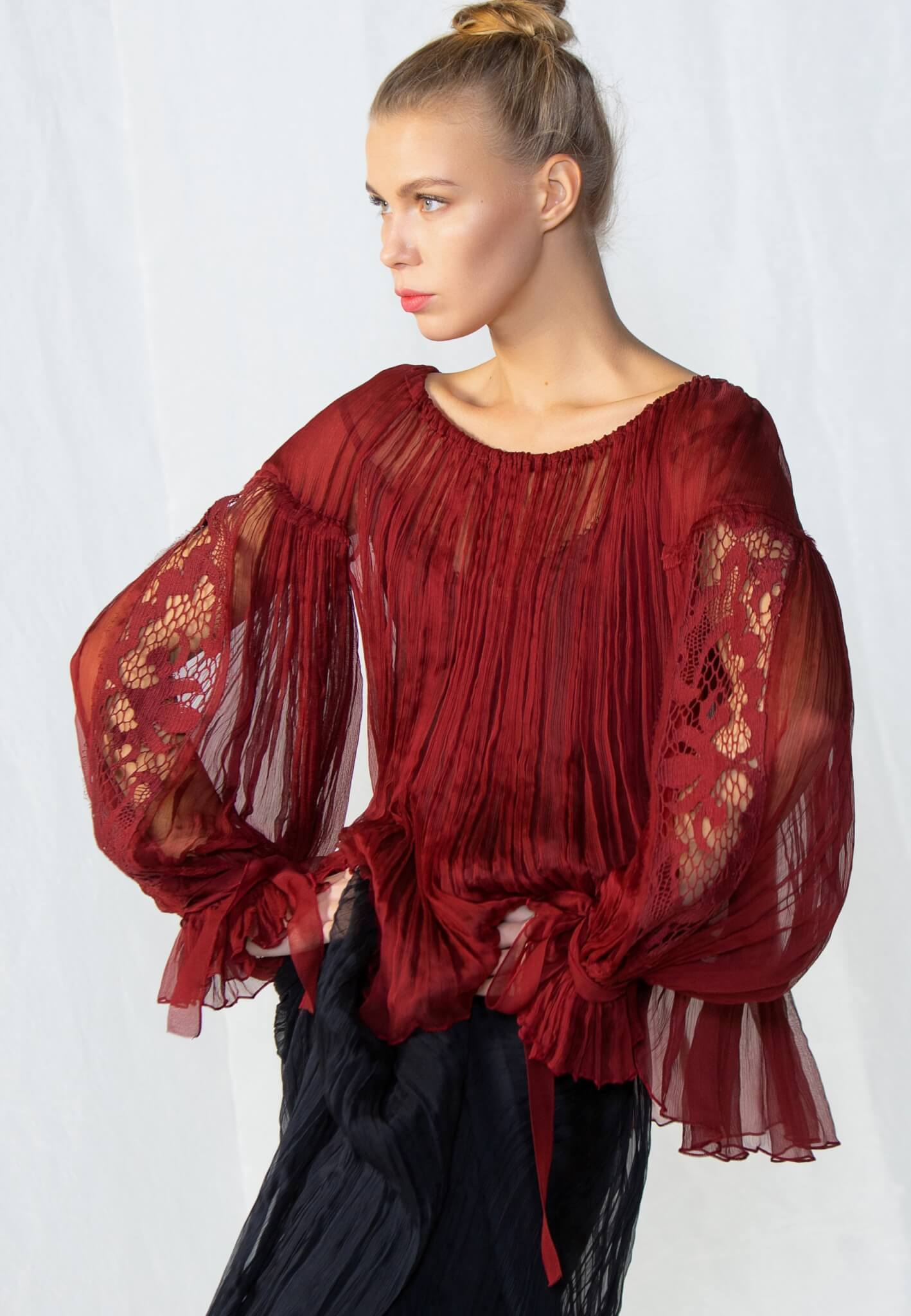 Red silk blouse with lace