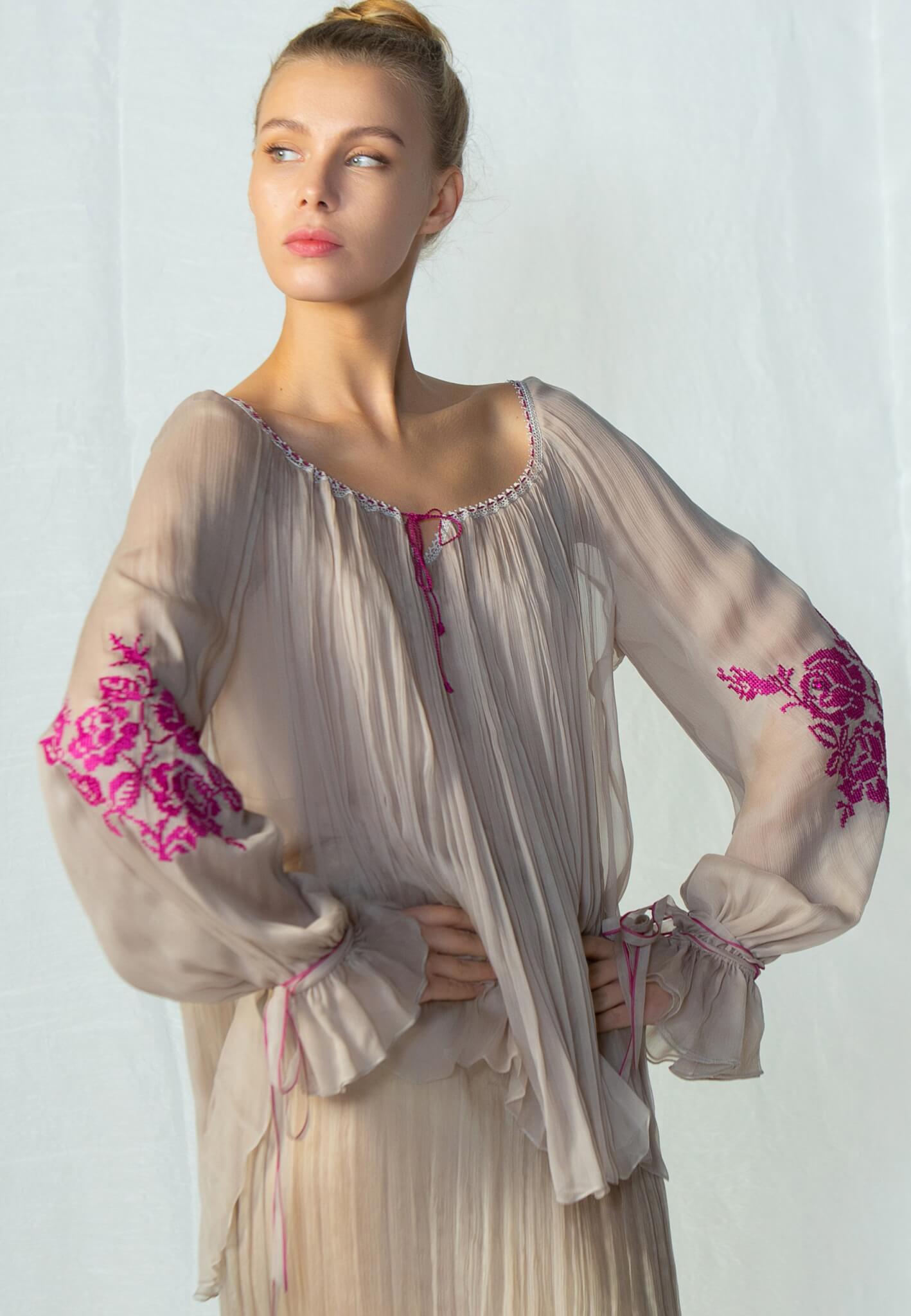 Silk blouse with lace and embroidery