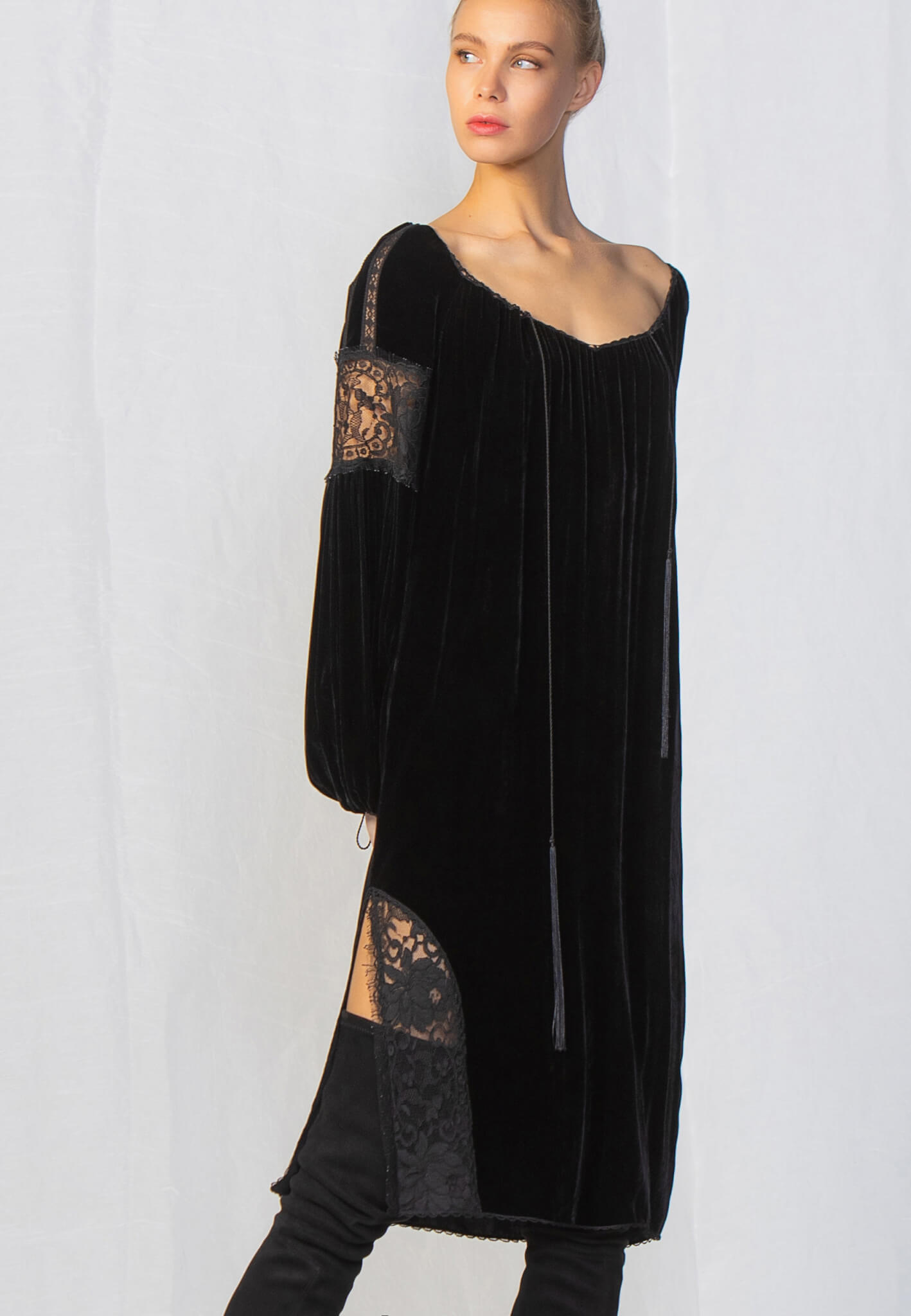 Black velour dress with lace