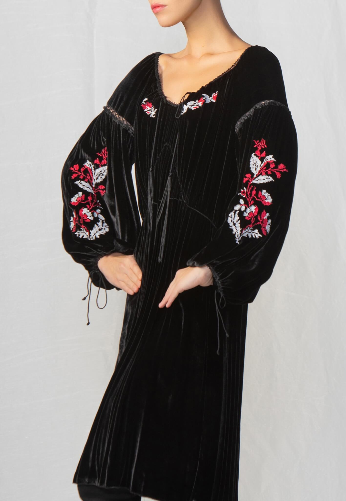 Black velour dress with embroidery