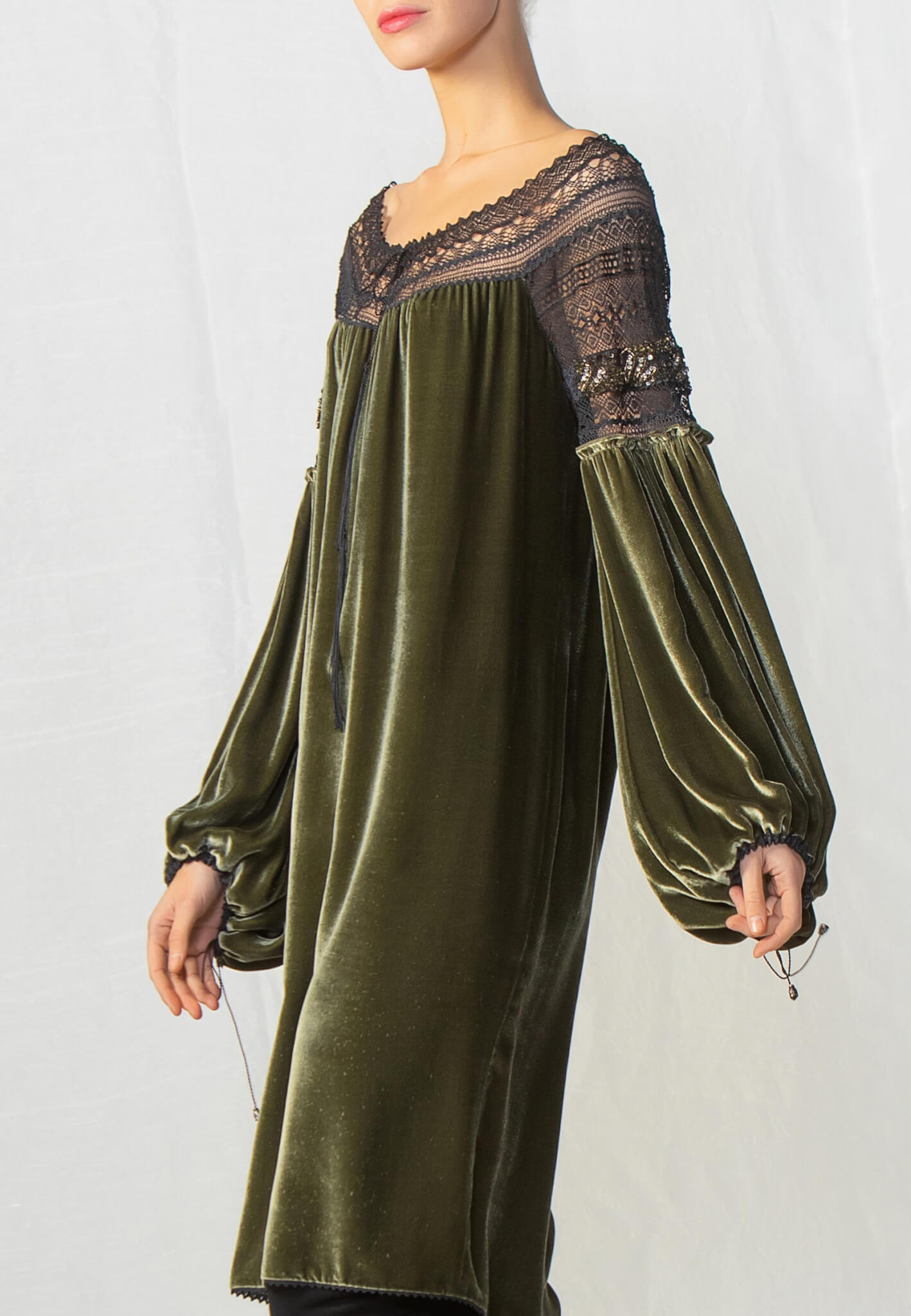 Green velour dress with lace
