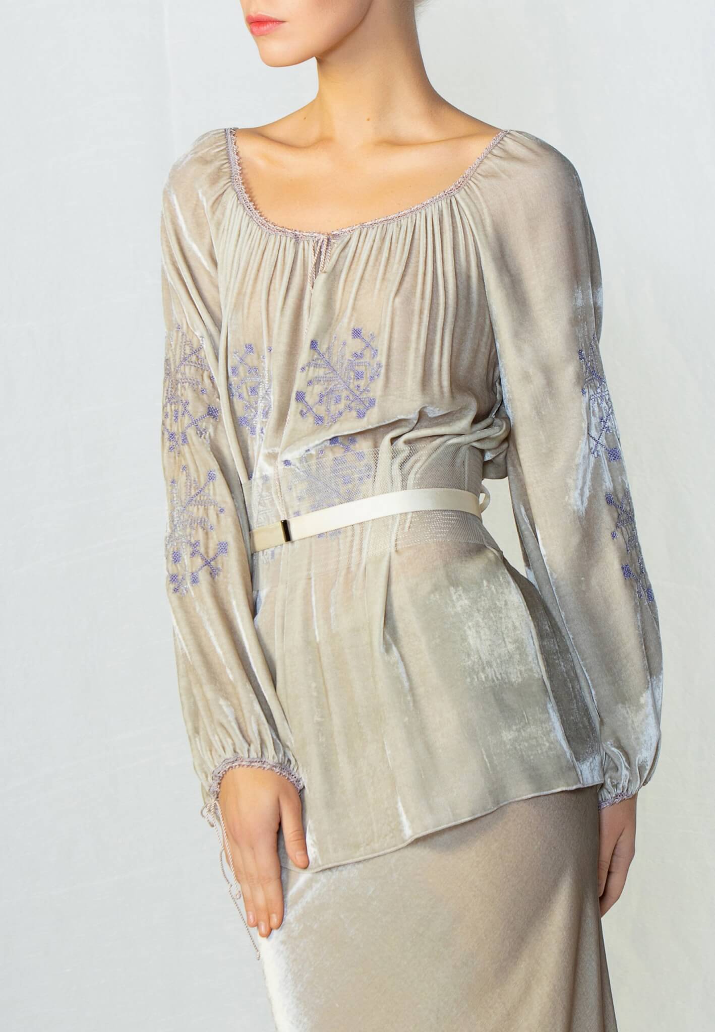 Beige velour blouse with embroidery