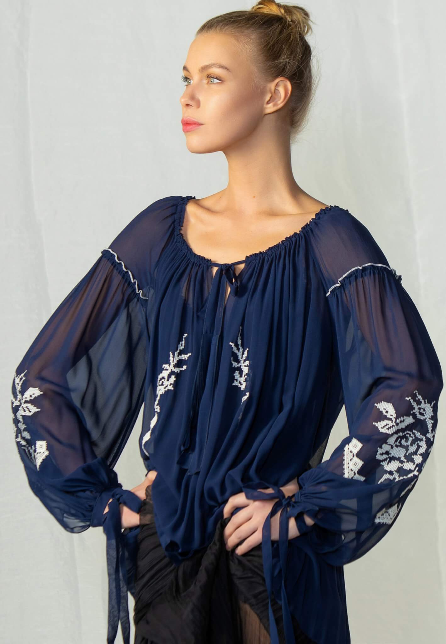 Blue silk blouse with embroidery